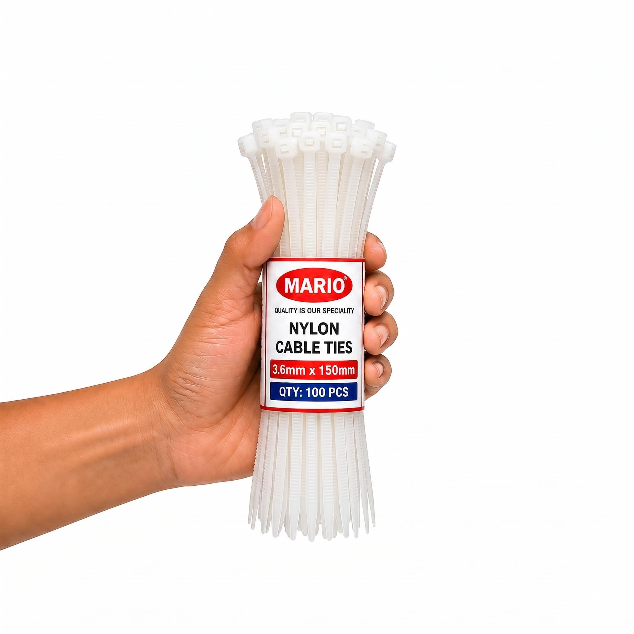 Mario Cable Ties 3.6mm x 150mm (6 Inch) White – 100 Pack Zip Ties, Heavy Duty Nylon, Self-Locking, UV Resistant, Cable Management Organizer for Home, Office, Workshop & Industrial Use