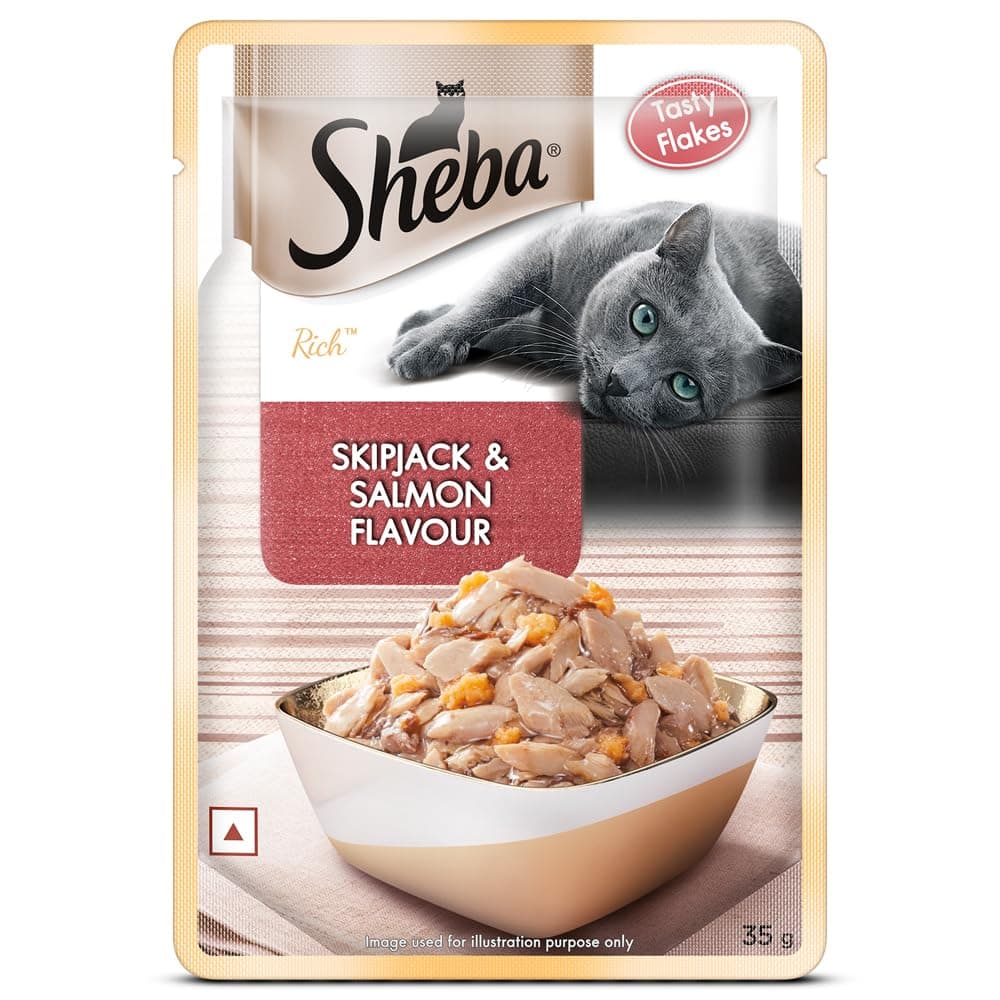 Sheba Rich Premium Adult (1+ Years) Wet Cat Food, Skipjack & Salmon Flavour, 35 g Pouch, High-Moisture Wet Food for Healthy Hydration