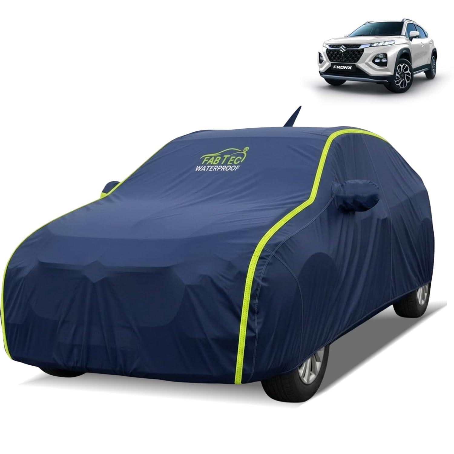 FABTEC Waterproof Car Body Cover for Maruti Fronx Outdoor/Indoor All Weather Protection with Mirror & Antenna Pocket Triple Stitched (Premium Navy Blue with Neon Piping)
