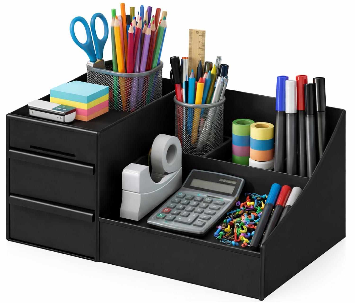 ROKTRY Stationary Organizer with 2 Drawers & 9 Compartments | All-in-One Office Stationery Storage Box for Desk, School & Home | Space-Saving Metal Pen Stand & Desktop Accessories Caddy (Matte Black)