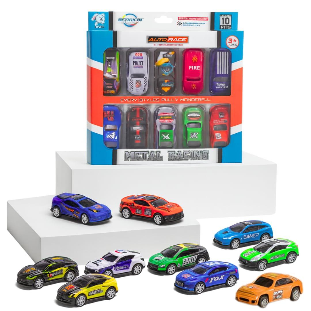 Storio Pack of 10 Racing Mini Metal Cars Set for Kids | Pull Back Vehicles | Khilona Car Toy Set for Boys | Birthday Gift, Return Gift, Diwali Toys (Racing Cars), Assorted