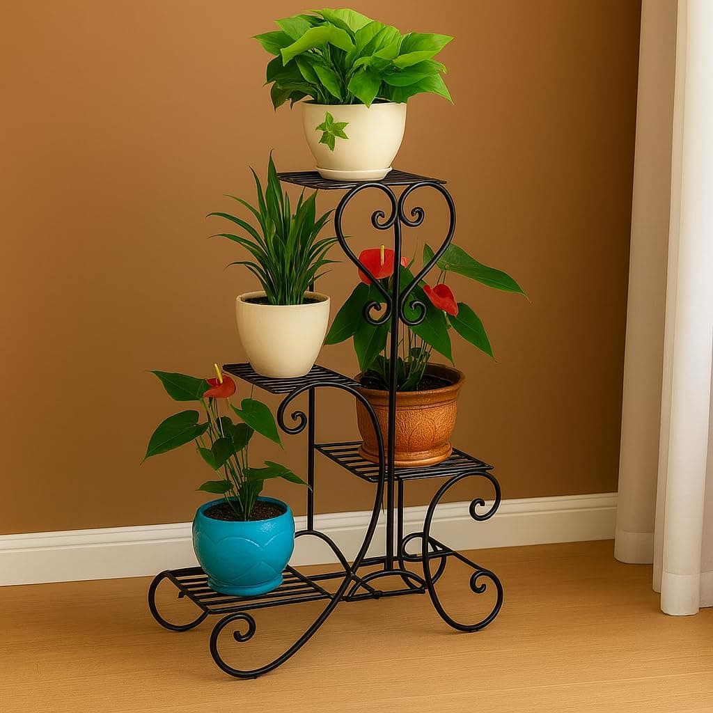 Kundi 4 Tier Plant Stands for Indoors and Outdoors, Flower Pot Holder Shelf for Multi Plants, Black Metal Plant Stand for Patio L-32 x W-10 x H-29 inches (4 Tier Black)