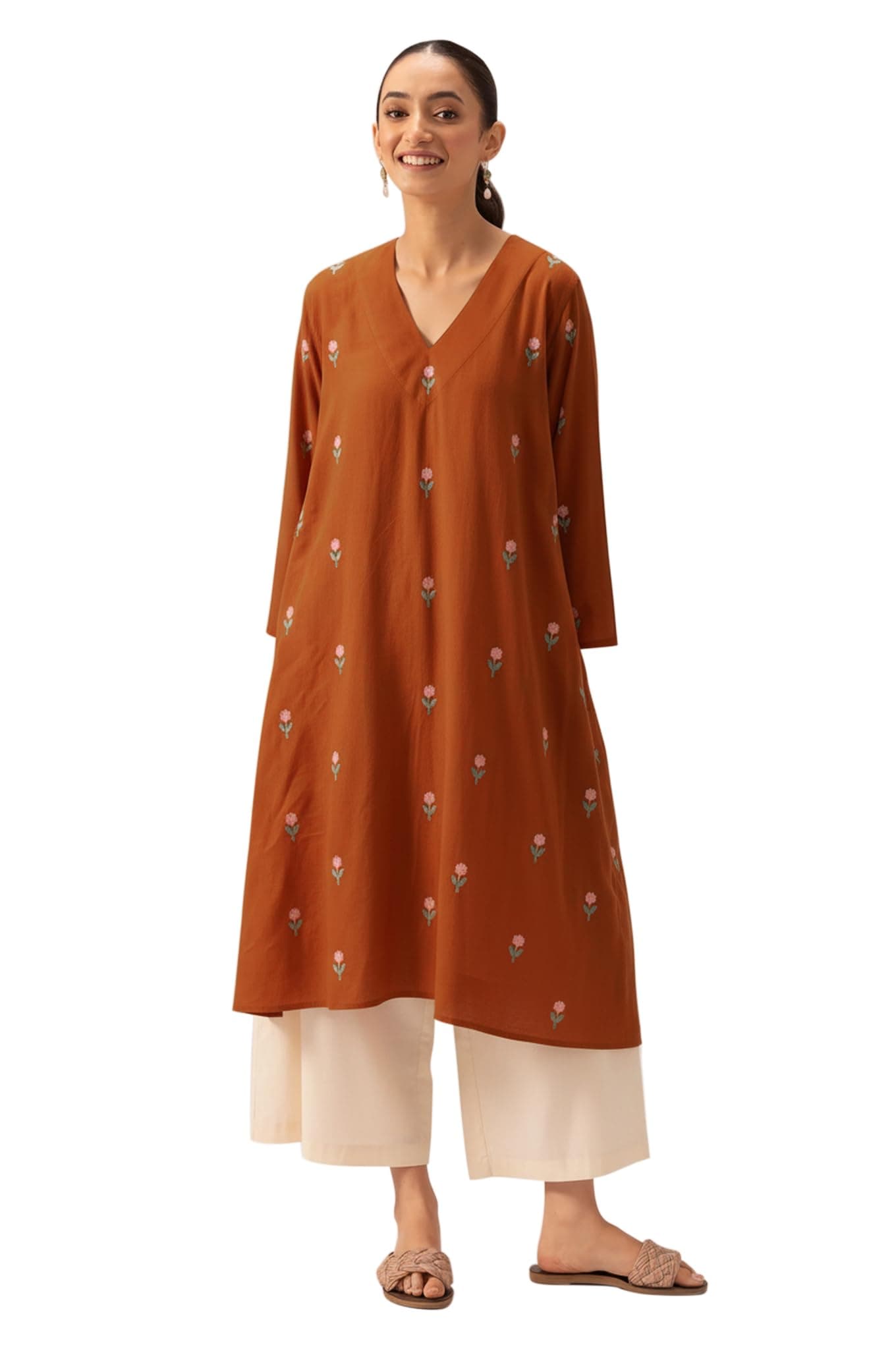 ANNI Designer Women's Rayon Viscose A-Line Printed Kurta with Palazzo (QUSHI Rust_L_Rust_Large)