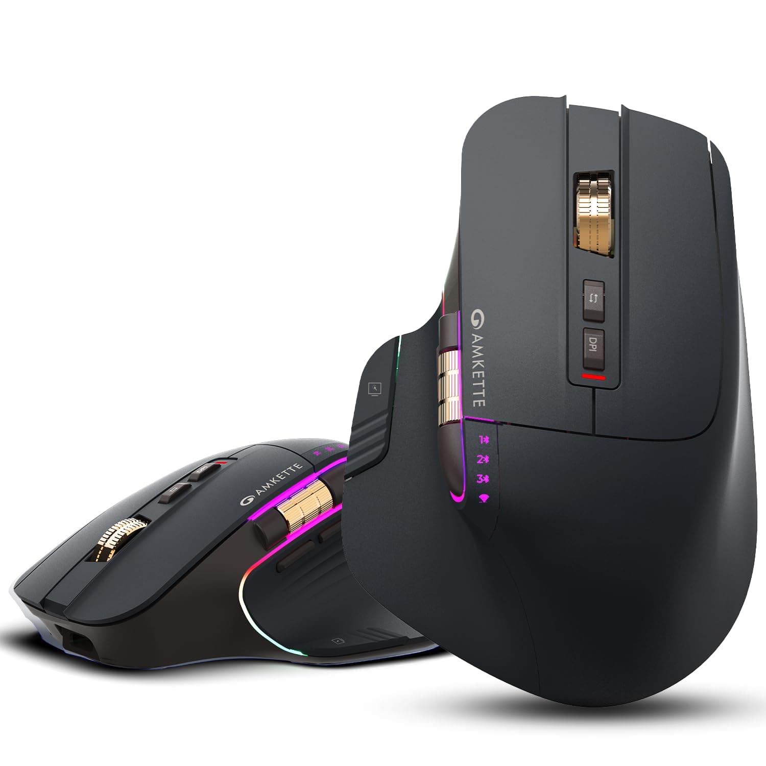 Amkette XS Series Flow Plus Programmable Wireless Mouse/Bluetooth Mouse with Side Scroll, 2.4G+3×BT+Wired Mode, 8 Buttons, 6400 DPI, 1000Hz Polling, MultiOS Web-Software, Rechargeable, 2 Yrs Warranty