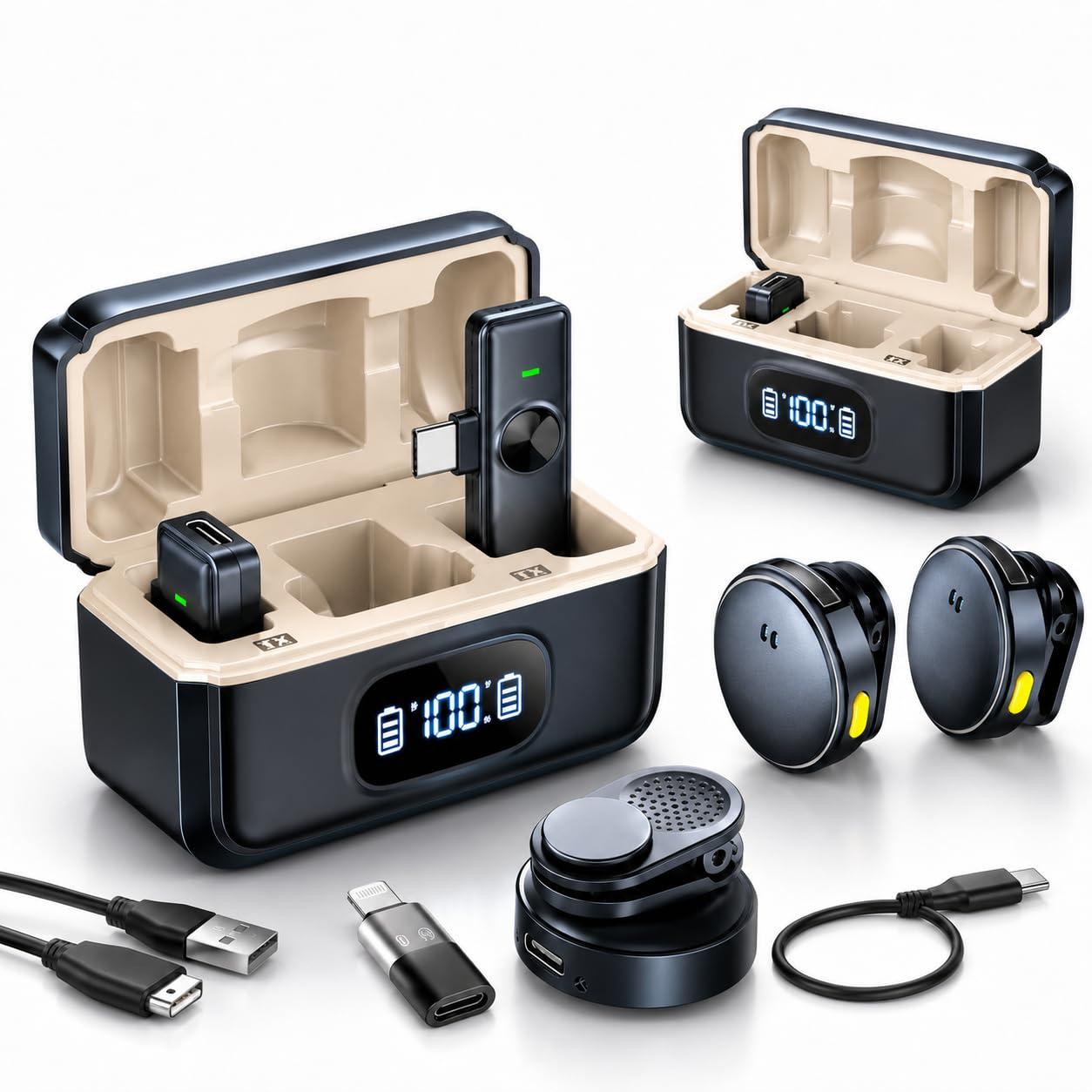 Q8 Wireless Mic System, Dual Lavalier Microphone, 2.4GHz, Noise Reduction, 20M Range, Plug & Play, with Charging Case, Compatible with iPhone, Android, Laptop