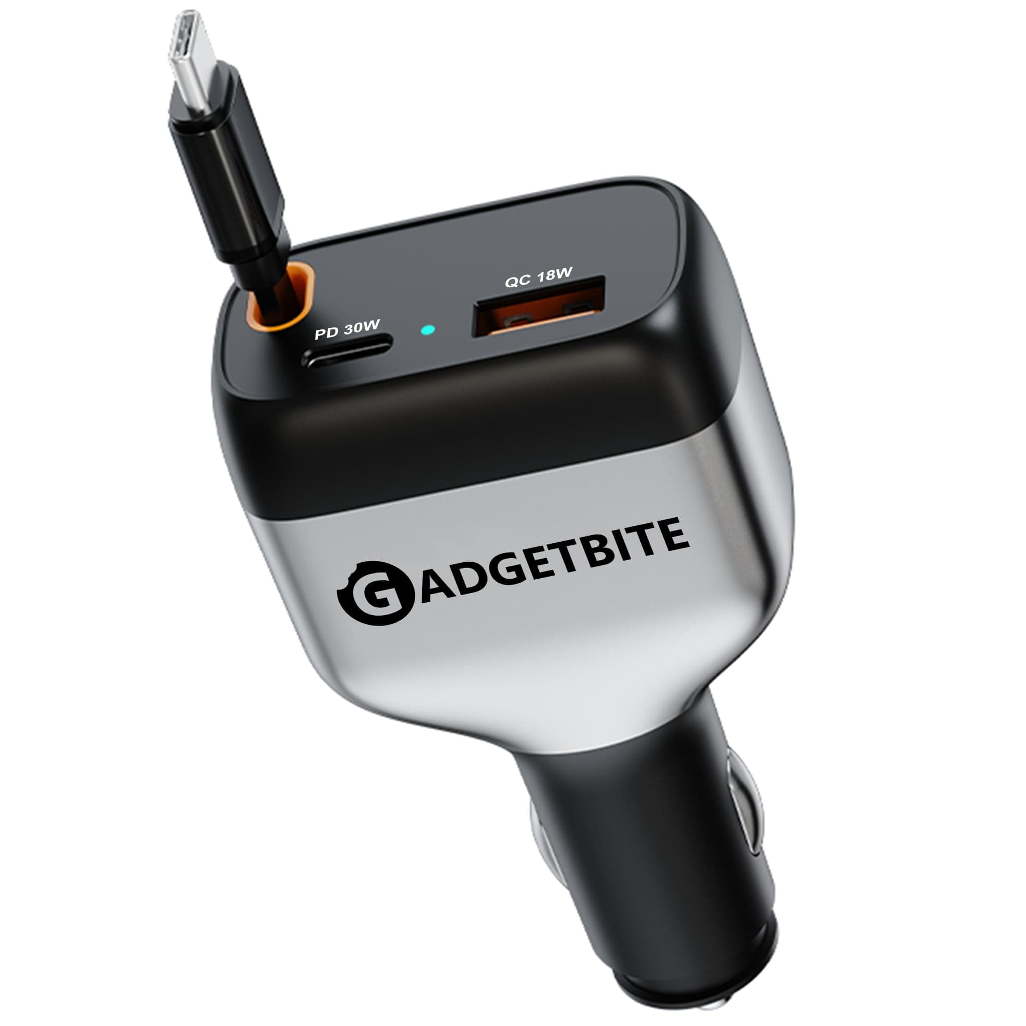 GadgetBite EON 84W Fast Car Charger with Dual Type-C PD 30W & 33W, USB-A 18W Output, Multi-Port Charger with Built-in Cable 0.85m, Universal Compatibility for Smartphones, Tablets & iOS (Grey)