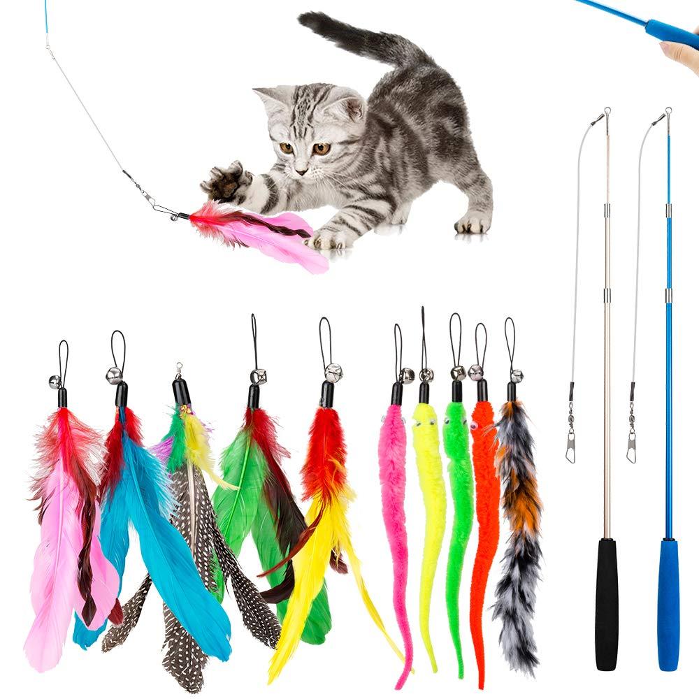 JIARON Feather Teaser Cat Toy, 2PCS Retractable Wand & 10PCS Replacement Feathers, Interactive Cat Catcher & Exercise for Kittens/Cats