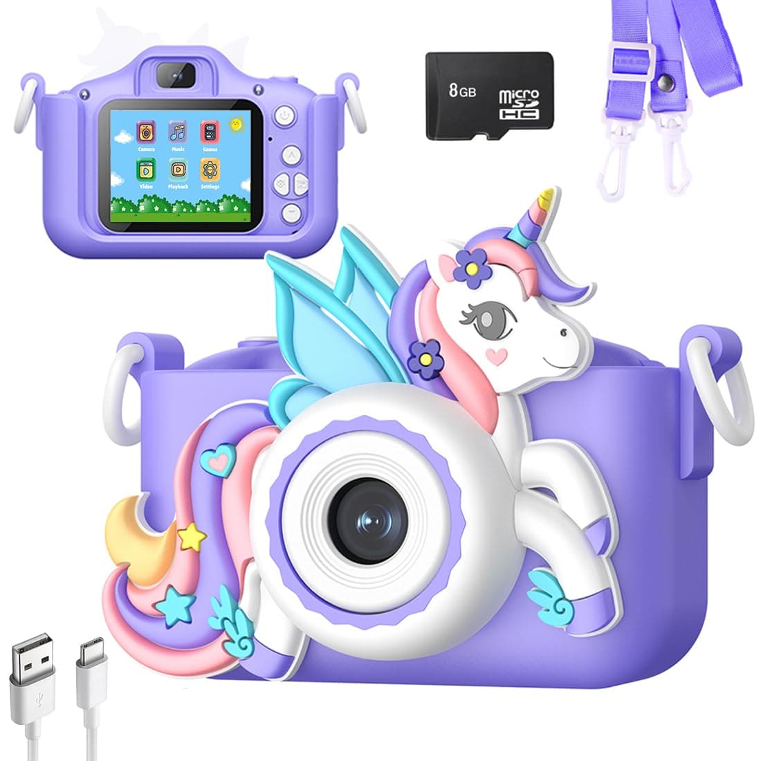 Wembley Kids Digital Camera with 2.0 Inch Screen, Unicorn Design, Selfie Camera, Photo & Video Recorder, Built-in Games, 8GB SD Card Included, Birthday Gift for Girls & Boys Ages 4–8 (Purple)