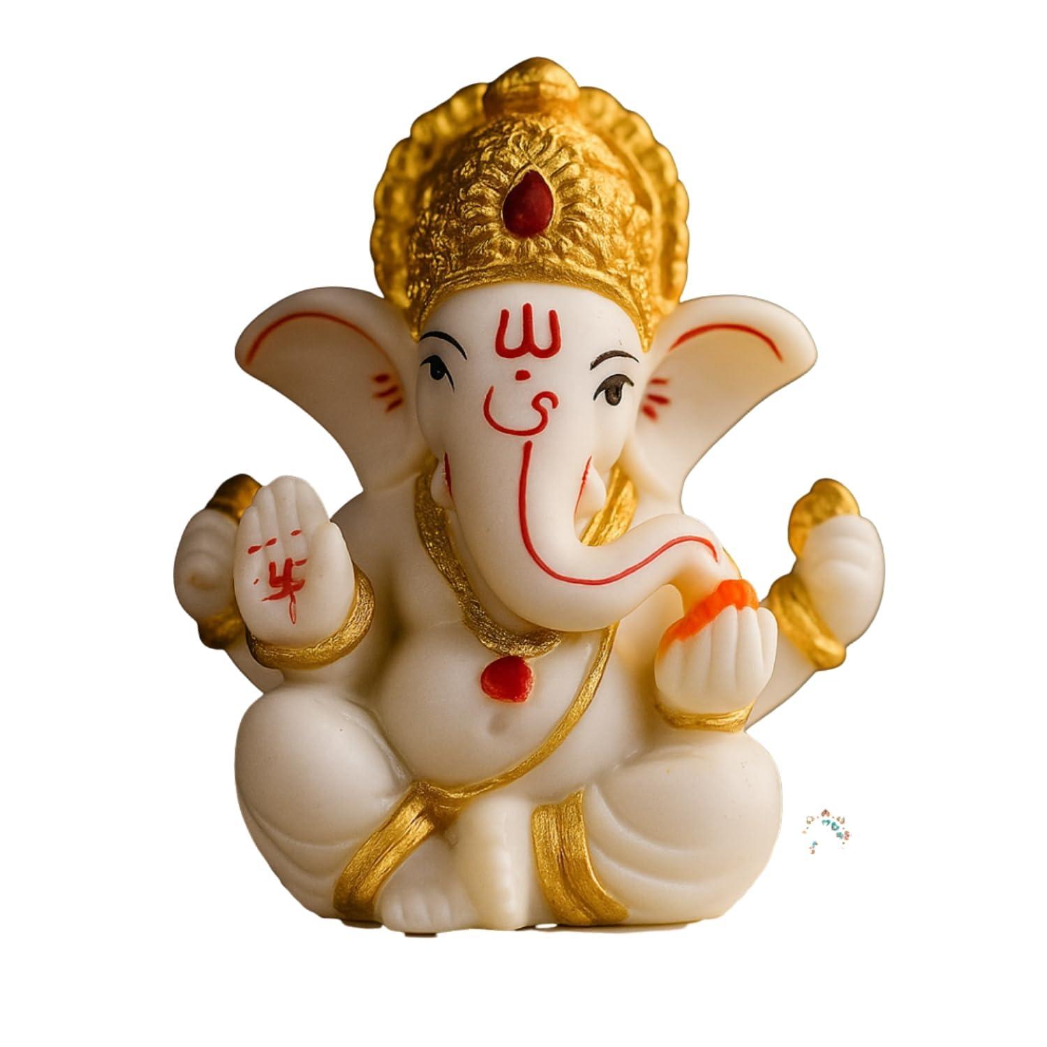KRAAFTIQUE Marble Lord Ganesh Idol for Home Decor, 2.5-Inch Small Matte Ganpati Murti for Pooja Ghar, Car Dashboard, Gift, Religious & Festival Decoration (White)