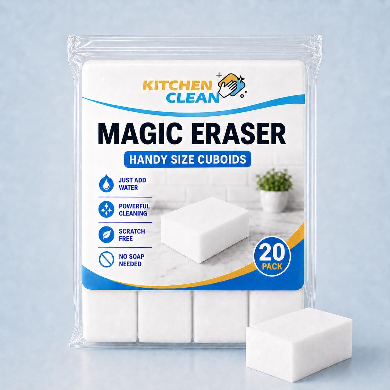 Kitchen Clean® Magic Eraser Cuboids Pack of 20 | Chemical-Free Multipurpose Magic Sponge | Wall Stain Remover | Cleans Switch Boards, Taps, Glass, Shoes & Sneakers