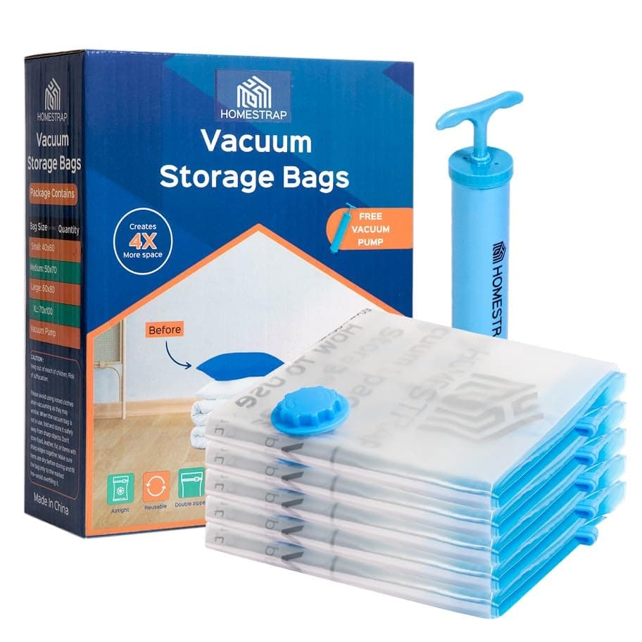 HomeStrap Vacuum Storage Bags with Pump Pack of 5 (Large)| Airtight and Reusable Space Saver Double Ziplock Compression Bags with Vacuum Pump|Creates 4x More Space for Clothes, Winterwear, Blankets