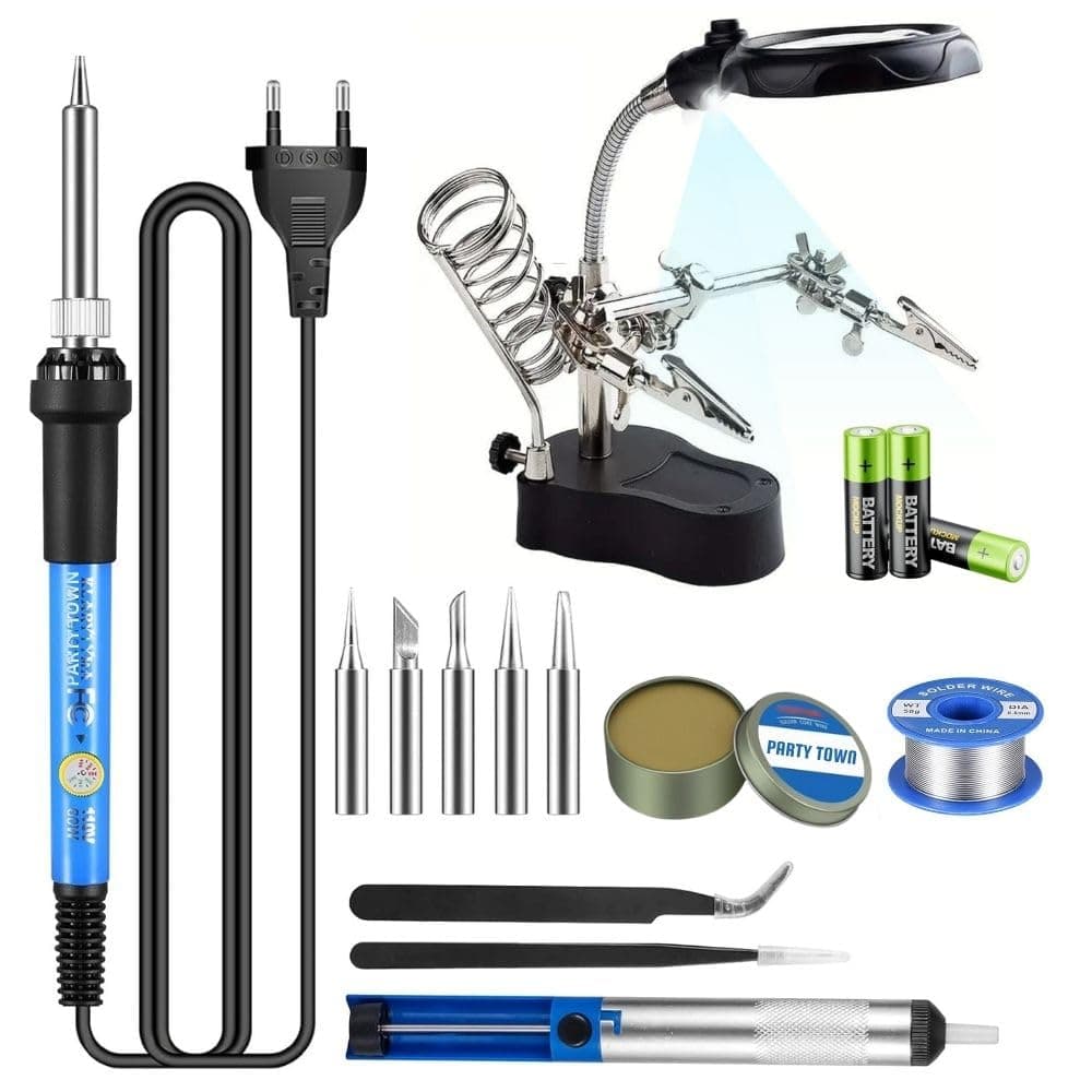 Party Town® Professional Soldering Iron Kit, 60W Temperature Control with LED Helping Hands, Multiple Tips, Solder Wire, Tweezers for Electronics, DIY, electronics repair, Jewelry Making (Pack of 13)