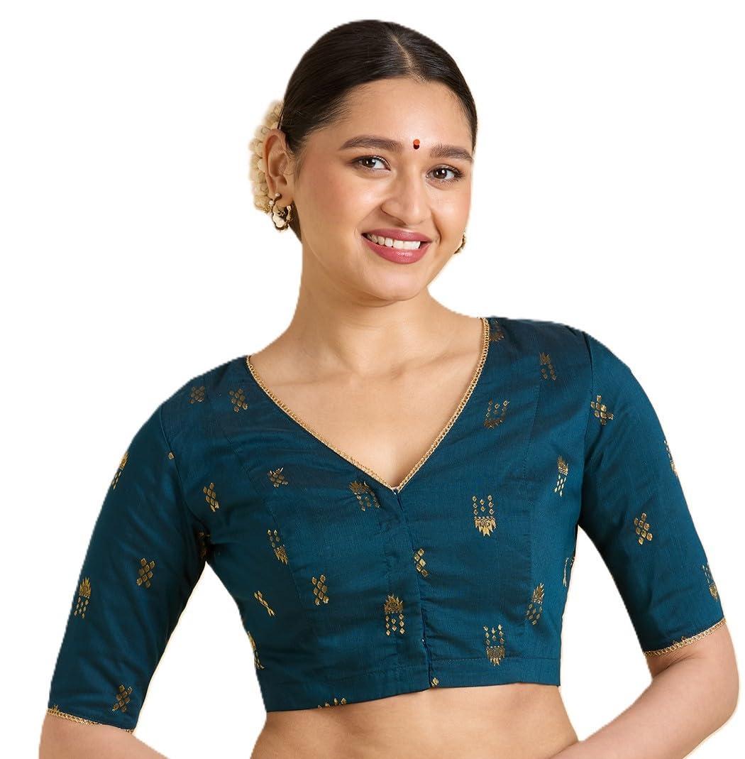 Studio Shringaar Women's Handloom Cotton Silk Readymade Saree Blouse (Midnight Blue, 40)