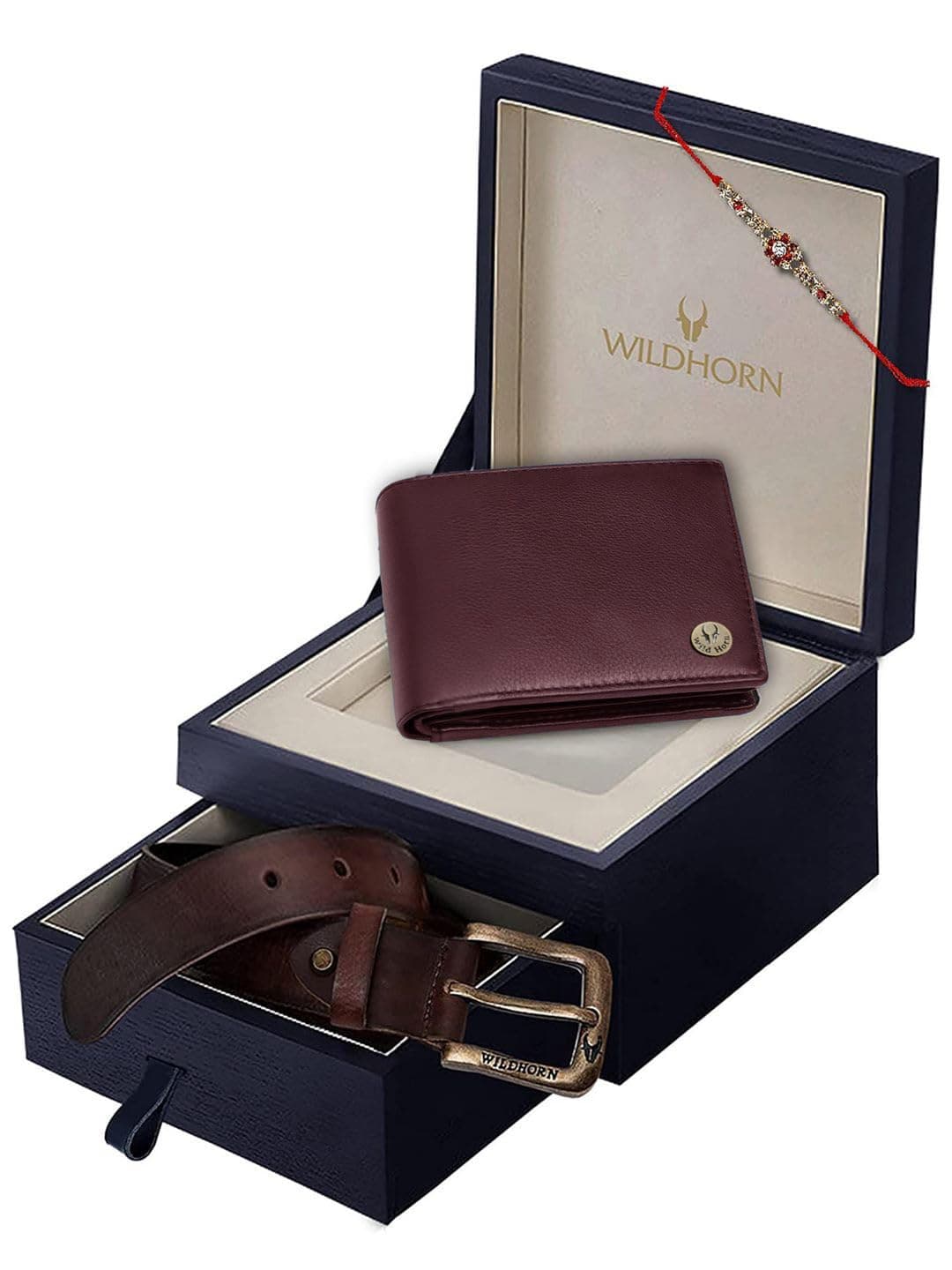 WildHorn Rakhi Gift Hamper for Brother - Classic Men's Combo/Gift Set of Leather Wallet, Keyring and Rakhi for Brother/Bhaiya. (Maroon PDM)