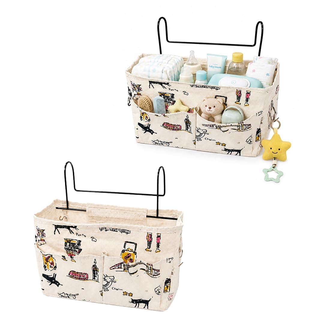 MOM CARE Bedside Organiser, Hanging Cot Storage Diaper Bag, Canvas Caddy, Large Capacity Bed Rail Pocket with Wire Hooks for Nursery Books, Toys & Diapers, Marine Anchor Print, Cream Color