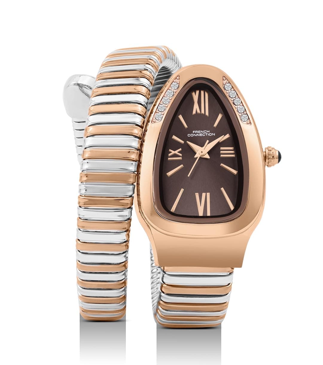 French Connection Eternelle Curve | Brown Dial with Rose Gold Case | Flexible Wrap Bracelet Strap | Crystal Accent Design | Roman Numerals Analog Watch for Women - FCN0142BRTM