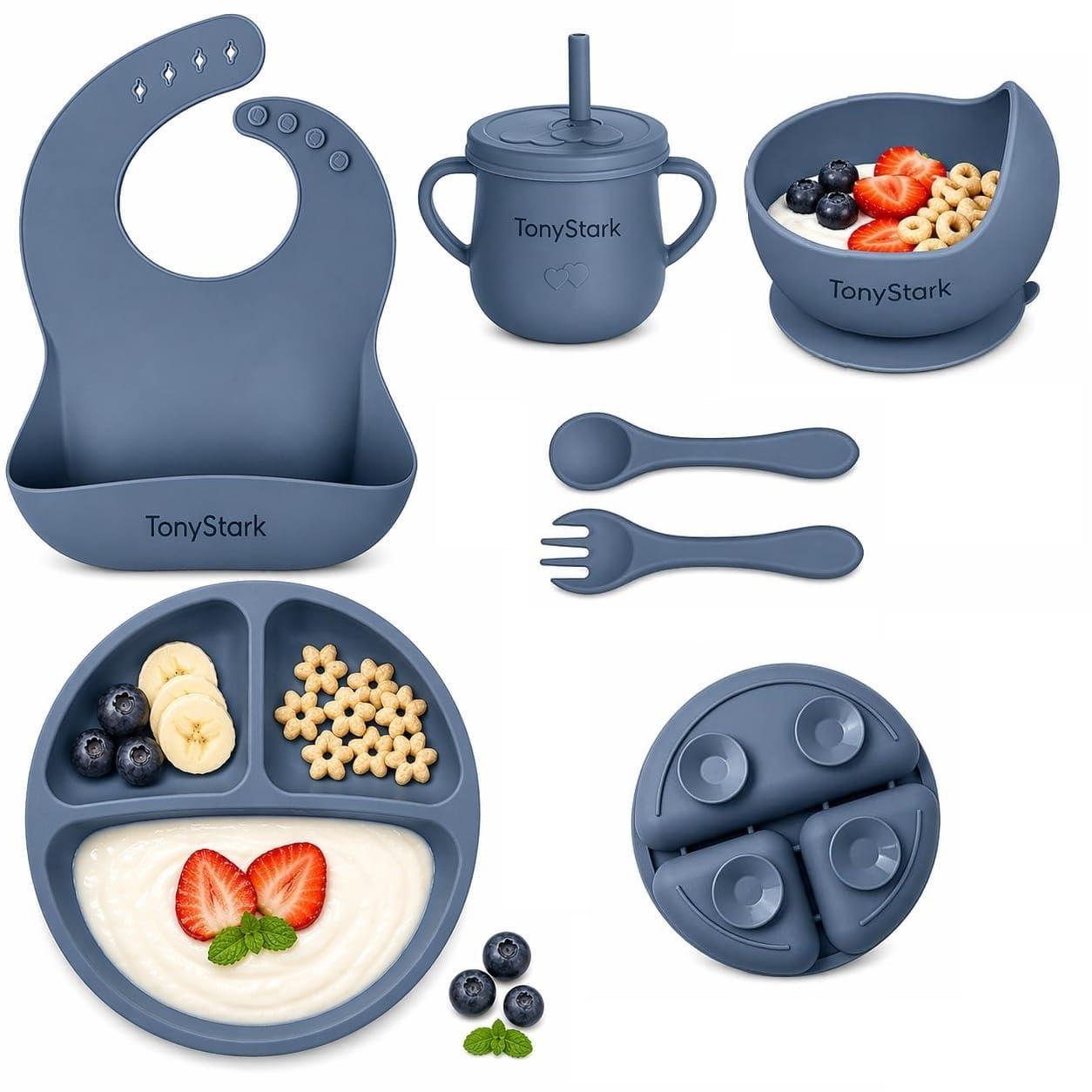 TONY STARK Baby 6 Pcs Silicone Feeding Set Bpa-Free,Microwave Safe,Anti-Slip Base | Complete Tableware Kit for Babies & Toddlers with Suction Plate,Bowl,Cup, Spoon,Fork & Bib (Dark Blue)