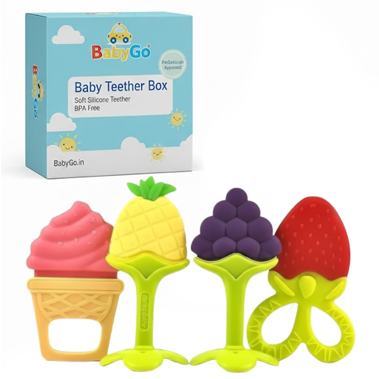 BabyGo Teething Baby Chew Toys | BPA-Free Soft Silicone Teether for Babies 6-12 Months | Natural Organic Freezer-Safe Teething Toy for Toddlers | Gum Pain Relief Teether Set (4 Pack)
