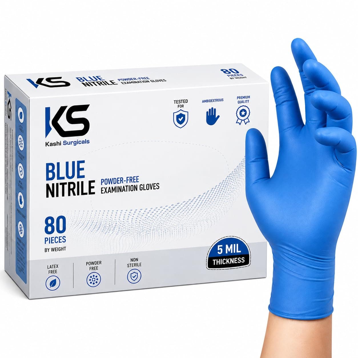 KS Powder Free Nitrile Hand Gloves, Food Grade, Made in Malaysia (Medium, Blue, Box of 80), Pack of 1