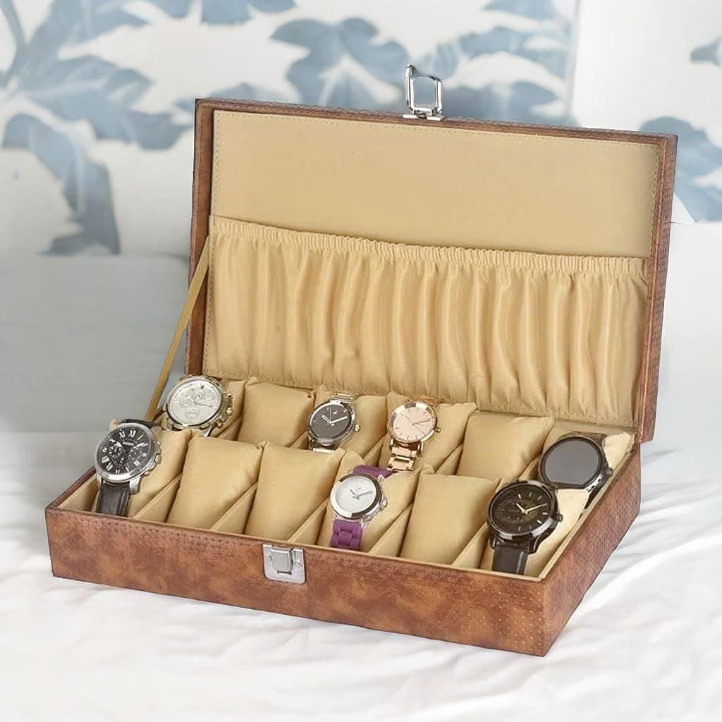 ZENWOOD Men's and Women's Watch Box Holder Organizer Case In 12 Slots of watches In PU Leather (Tan)