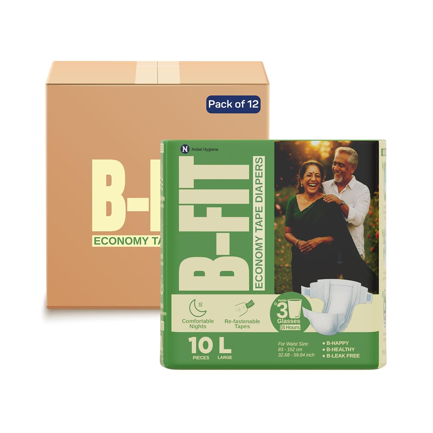 B-FIT Economy Adult Diaper L Size Tape Style | 120 (Large) | Waist 32.68-59.84 inch | Refastenable Tapes, Cottony Comfort, Gel Core, 8 Hours Absorption | Unisex, Leakproof, Soft Elastic Waistband