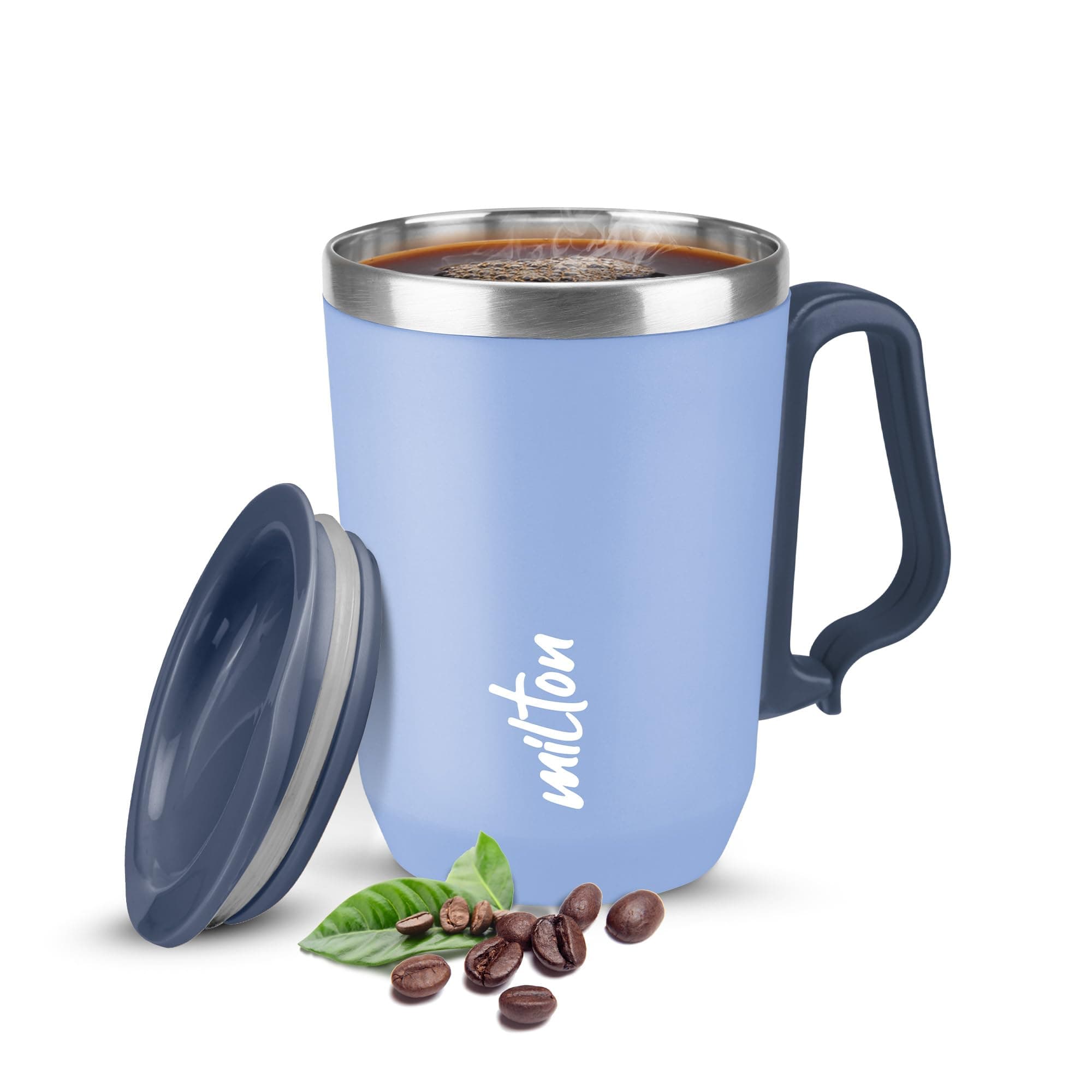 MILTON Cool Touch Coastal Coffee Mug 350 Double Walled 300 ml Inner Stainless Steel Tea Mug and Lid, Coffee Mug Travel Tea Cup, Black Coffee, Single, Blue