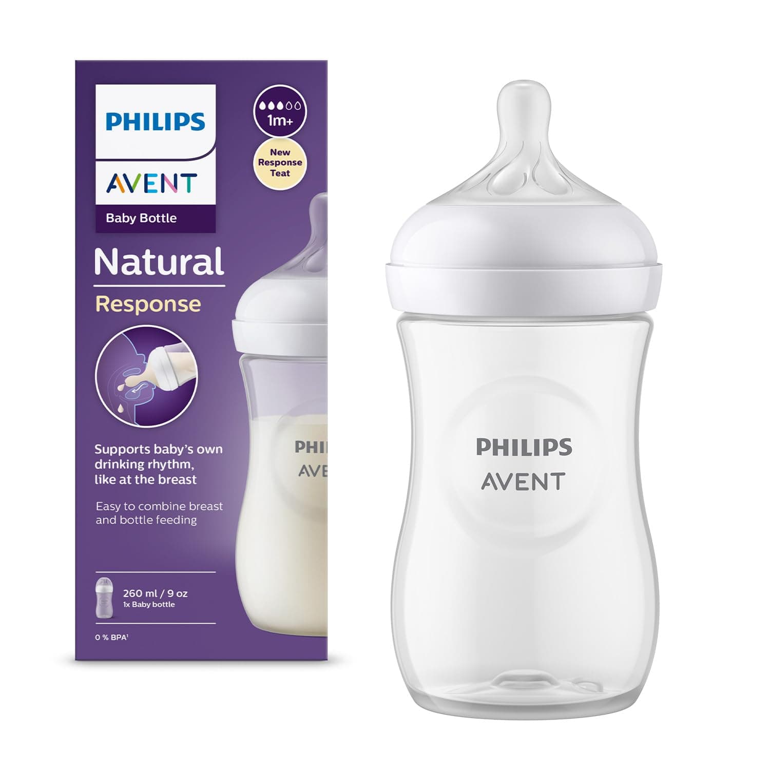 Philips Avent Natural Plastic Baby Feeding Bottle | No.1 Brand Recommended by Moms Worldwide | Ideal for 1 months+| Natural Response Technology Mimics Breastfeeding | Uniquely Designed Nipple releases milk only when baby drinks | Pack of 1| SCY903/01