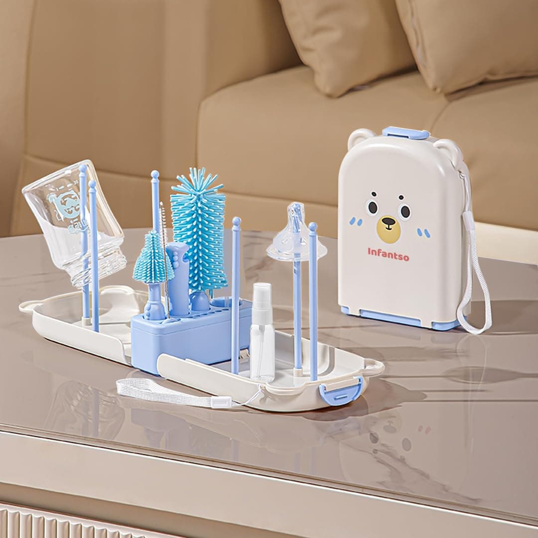 Infantso Foam-O (10-in-1) Baby Bottle Cleaning Brush Set – Feeding Bottle Cleaner Kit for Newborn Essentials with Pacifier Brush, Straw Brush, Drying Rack & Soap Dispenser | BPA-Free Silicone Bristles