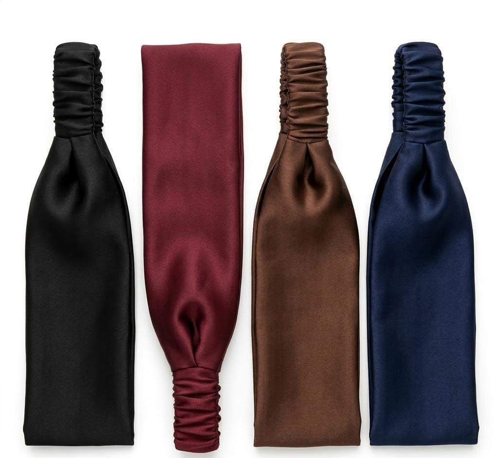 Korean Satin Hair Band, Black, Maroon, Brown and Navy Blue, Ruched Elastic Headband, Pack of 4