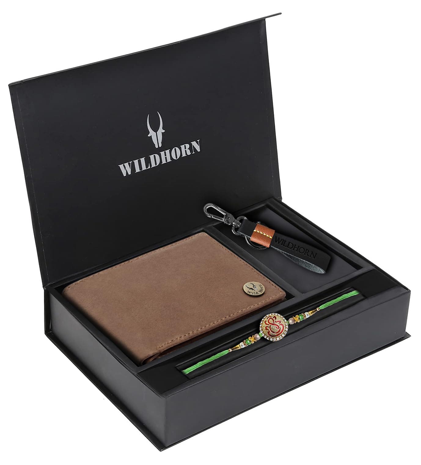 WildHorn Rakhi Gift Hamper for Brother - Classic Men's Combo/Gift Set of Leather Wallet, Keyring, Pen and Rakhi for Brother/Bhaiya. (TAN HU)