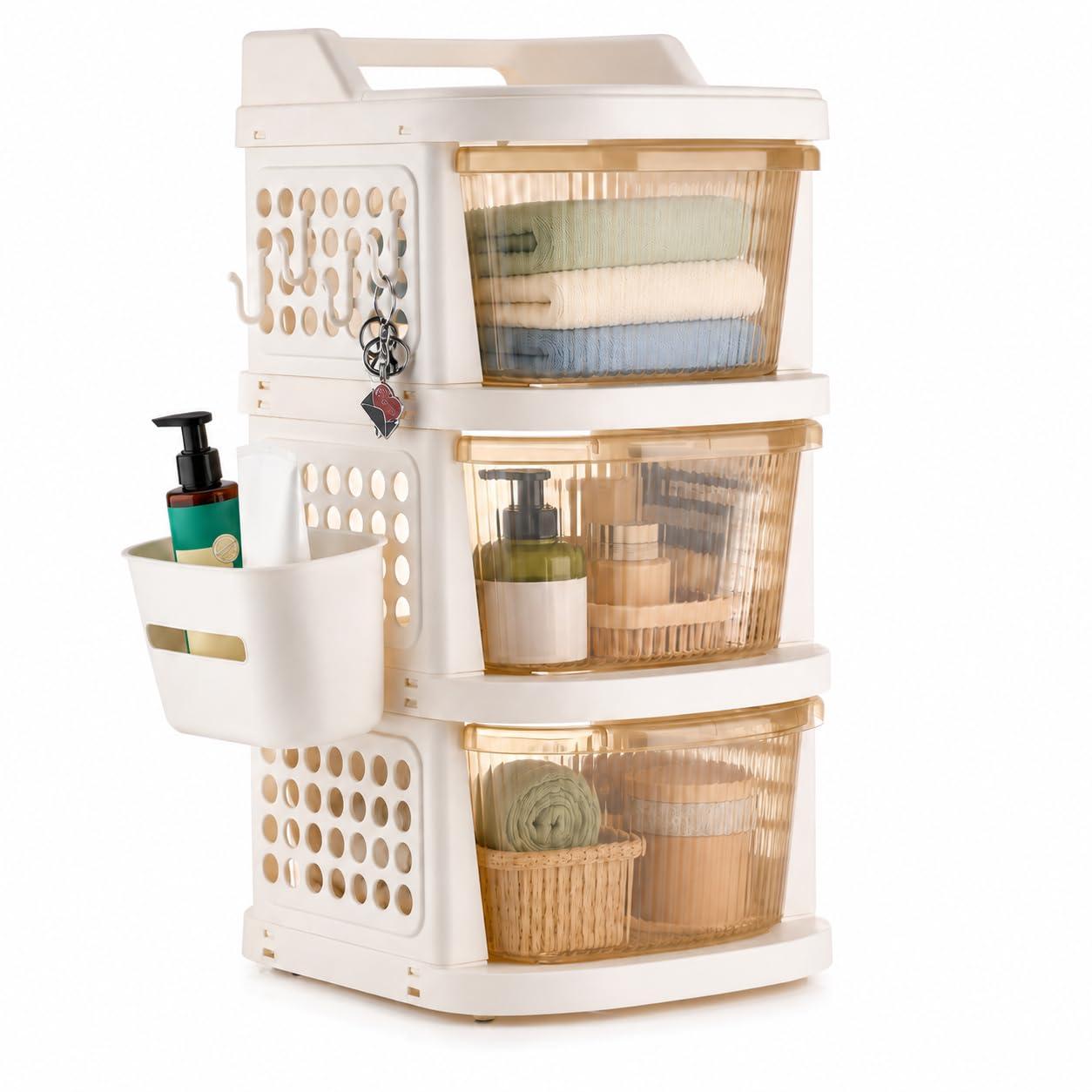 Homeor 3 Tier Plastic Storage Drawer Cabinet with Wheels, Modular Chest of Drawers Organizer with Side Basket & Handle, Storage Trolley Rack for Home, Kitchen, Bedroom, Kids Room (Ivory Transparent)