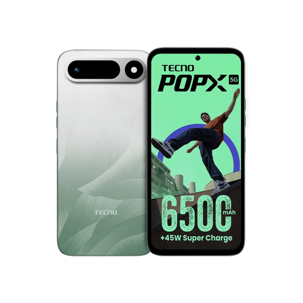 Tecno POP X 5G (Ripple Green, 4GB+128GB) | 6500mAh+45W Fast Charger | IP64 Pro | MIL-STD 810H Protection | Upto 18GB* RAM | Fastest 8X Network Speed* with URSP | 120Hz Smooth Display | 50MP Camera