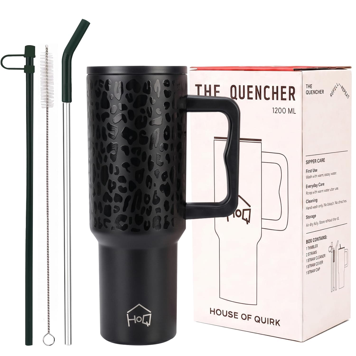 House of Quirk 1200ML Stainless Steel Tumbler with Handle & Lid, 2 Straws – Large Travel Mug Water Cup for Gym, Office & Outdoor Use (Black Leopard)