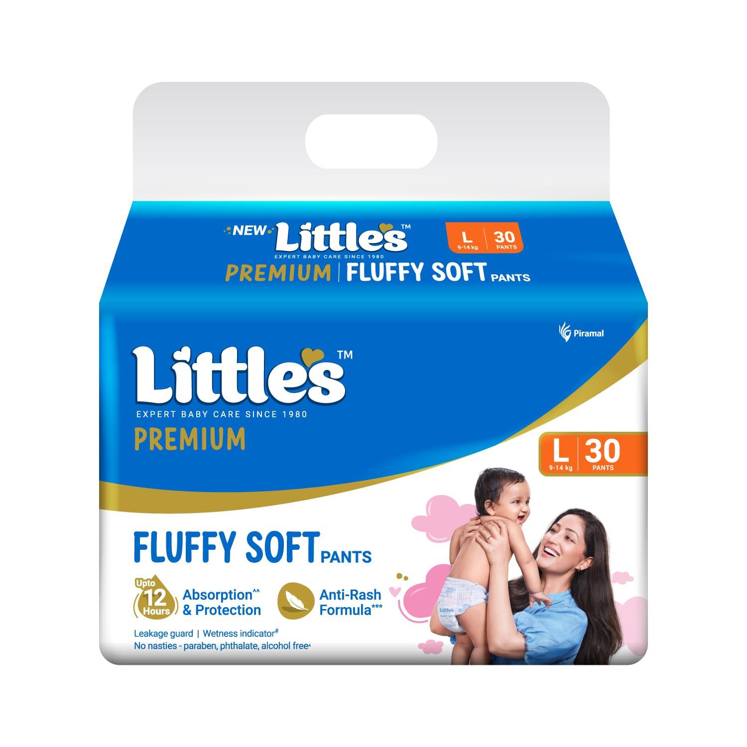 Little's Premium Baby Diapers L Size (Large) Pants Style | 9-14 kg | 30 Count - Pack of 1 | FluffySoft Baby Diaper with Leakage Guard, Wetness Indicator & 12 Hours Absorption