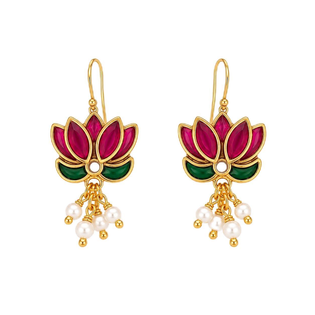 shwe pink Lotus Bugadi Earrings, Non-Piercing Clip-On Ear Cuff With Kundan Kemp Stone & Pearls, Ethnic Jewellery Women and Girls (Lotus)