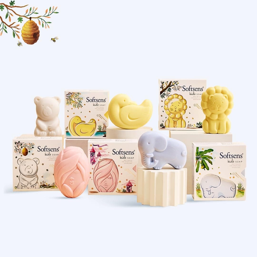 Softsens Assorted Kids Soap 75g each ( Pack of 5 x 75g) | Gentle Nourishing Care with Shea Butter & Natural Milk Cream, Dermatologist Tested Baby Soap, Moisturizing Animal Shape Bar Soap For Toddlers & Kids 2-10 Years