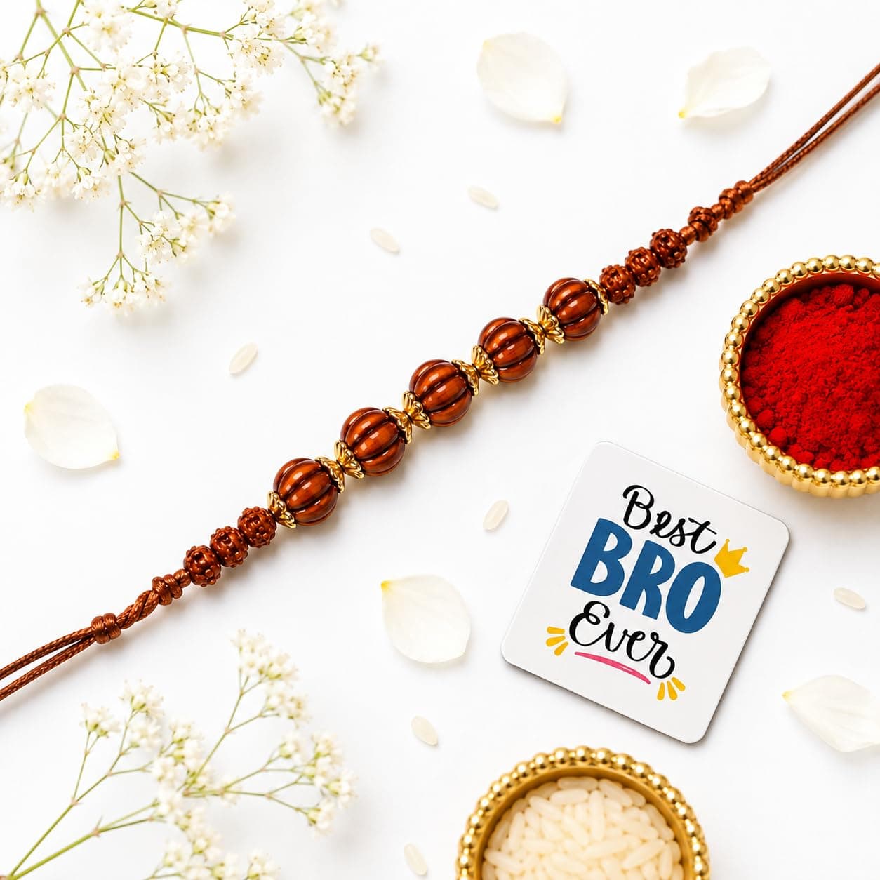 eCraftIndia Golden Brown Beads Designer Rakhi for Brother With Gift Combo Set | Raksha Bandhan Rakhi for Bhai Bhaiya | Best Bro Ever Fridge Magnet | Roli Chawal Pack