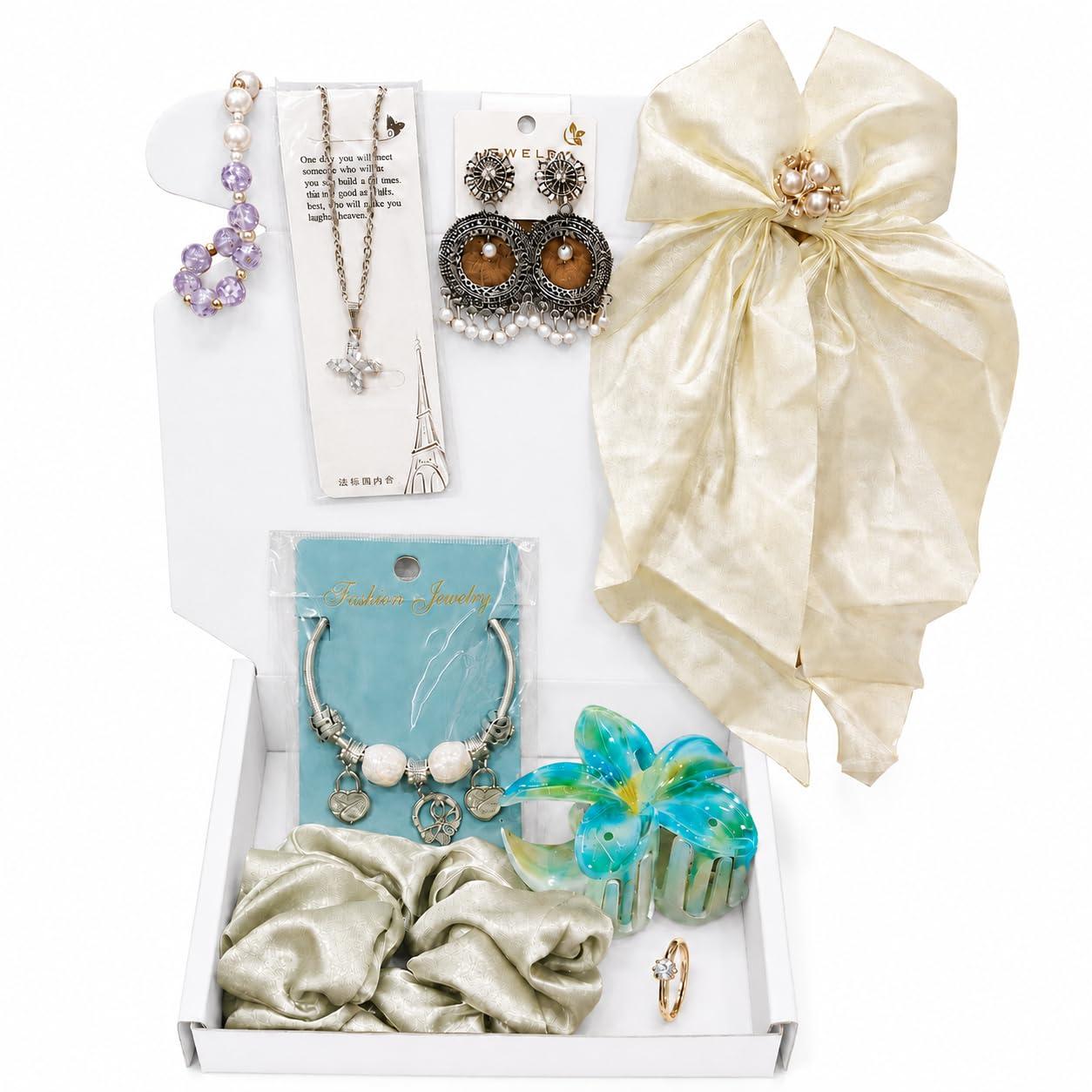 CSN - CUTE SHOPPING NETWORK Miss Aayesha Choice 8-in-1 Fashion Jewellery & Hair Accessories Combo Gift Hamper for Women & Girls | Birthday, Anniversary, Rakshabandhan & Diwali Gift | Assorted Colours & Designs