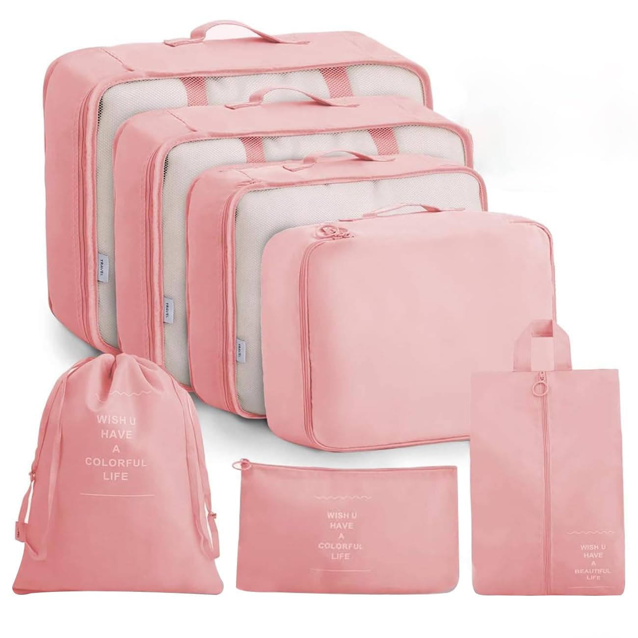 Lyrovo [UPDATED] 7pcs Travel Packing Cubes for clothes Laundry Toiletry Cosmetics Luggage Makeup Pouch Accessories Organizer Bag (Pink)