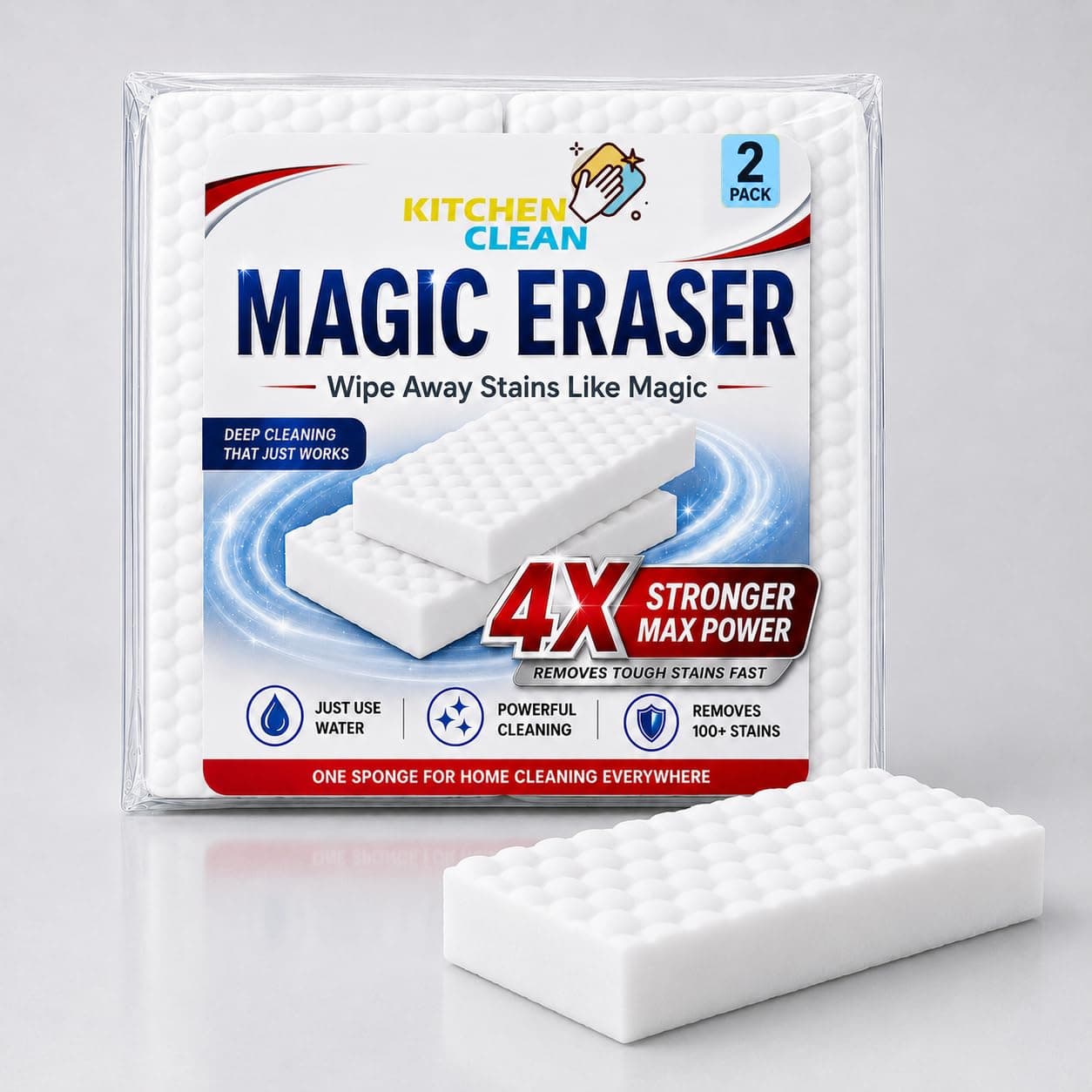 Kitchen Clean® Magic Eraser Sponge Pack of 2 | 4X Strong Stain Cleaning Remover for Walls, Kitchen, Bathroom Tiles, Glass & Shoes | Just Add Water