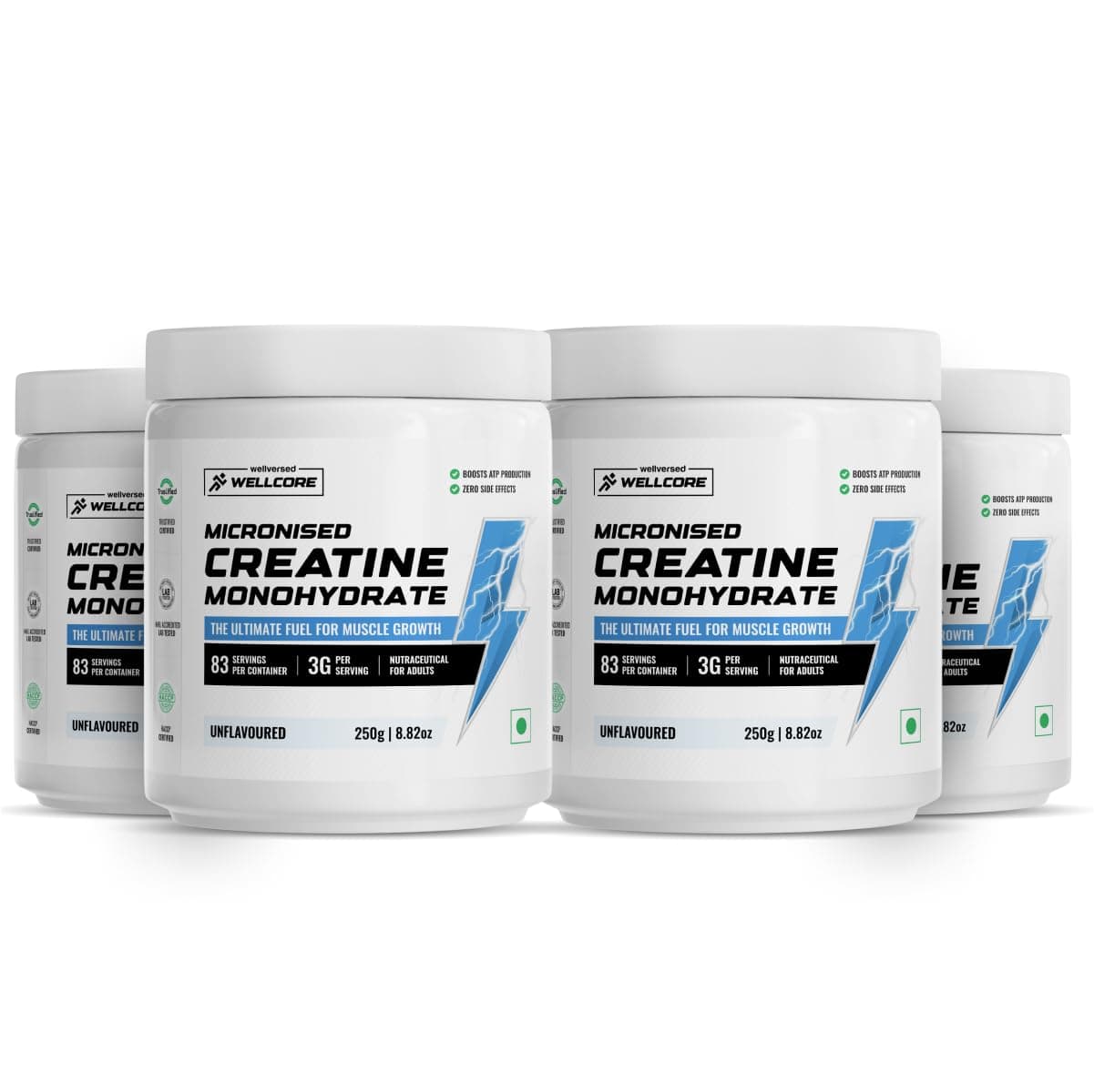 Wellcore Pure Micronised Creatine Powder (83 Servings, Unflavoured) For Enhanced Muscle Strength With Rapid Absorption | Creatine Monohydrate | Wellcore Creatine Unflavoured - 250g (Pack Of 4)