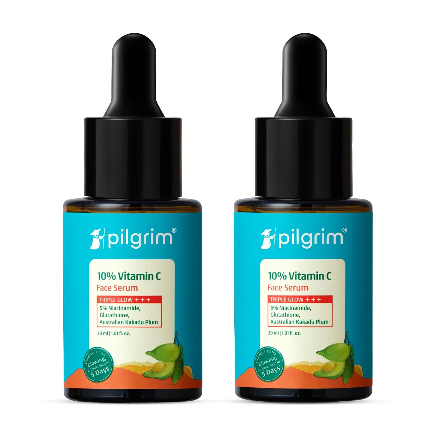 Pilgrim 10% Vitamin C Serum 30ml (Pack of 2) for Glowing Skin with 5% Niacinamide | Fades Dark Spots, Evens Skin Tone |For All Oily, Combination, Normal Skin | Daily Radiance for Men & Women