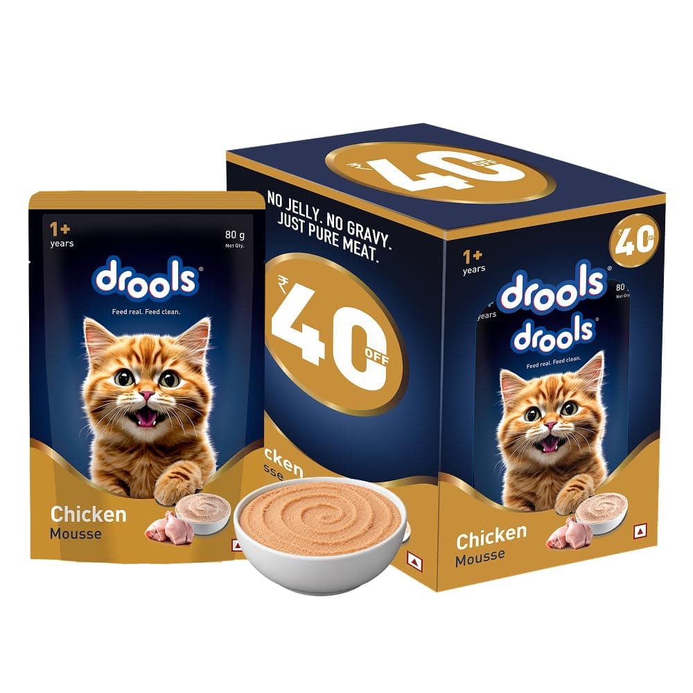 Drools Adult Cat Wet Mousse 80g Pack of 5, 400g | Chicken Flavour | Rich in Protein | Promotes Hydration & Easy to Digest| No Artificial Flavours | Packed with Essential Vitamins & Antioxidants