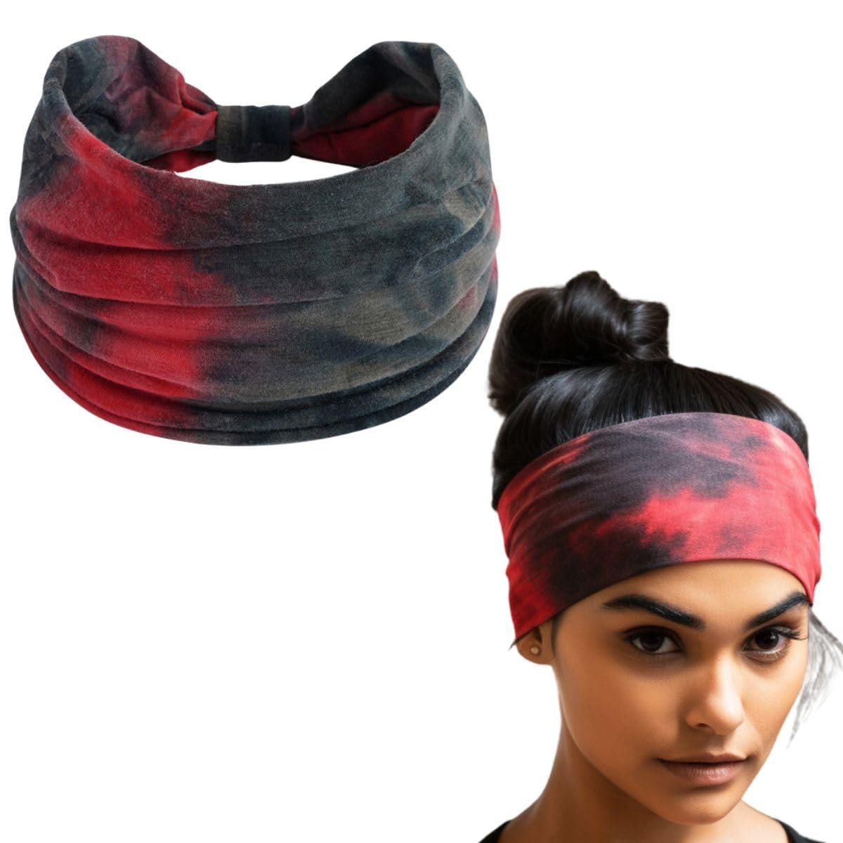 XFYT Stylish Tie-Dye Sports Chic Hair Bands | Super Soft Stretch Microfibre high Sweat absorbtion Head Band for Women Girls Yoga Exercise Fitness Gym (Cherry Black)