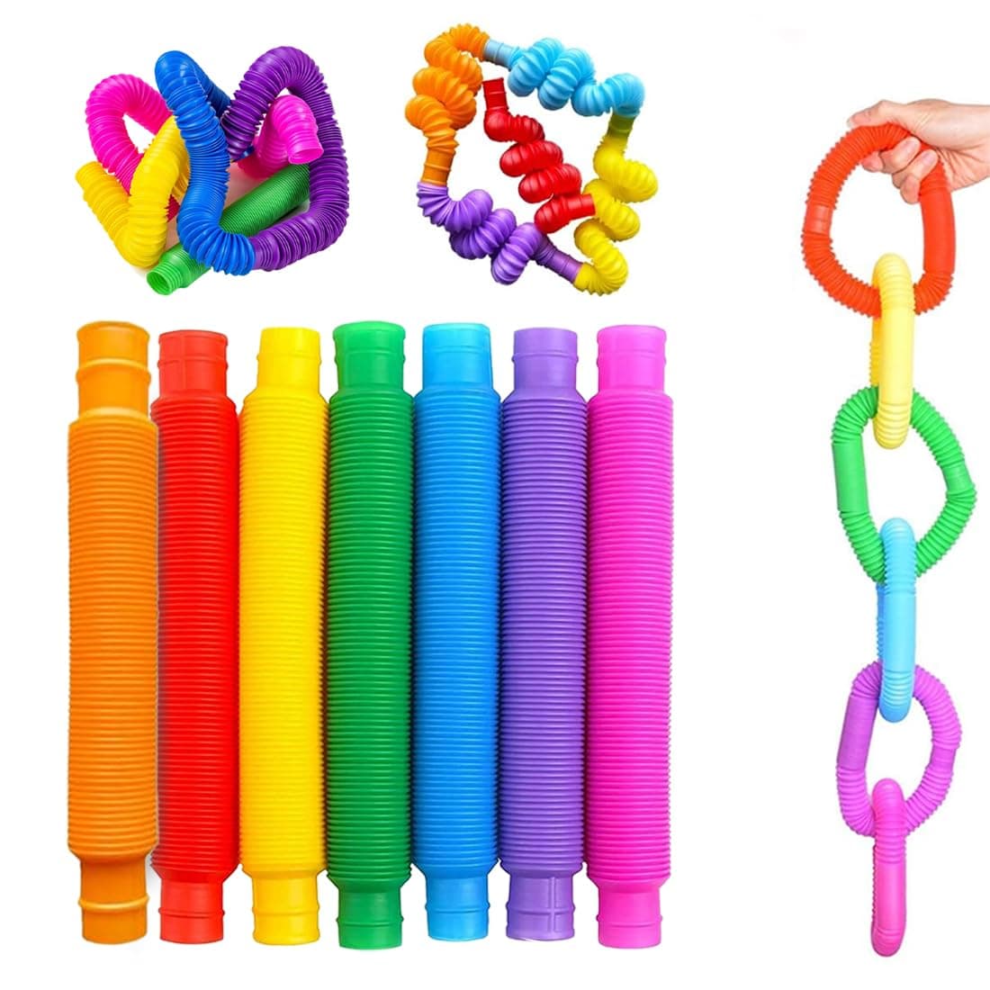 Wembley Pop Tubes for Kids Glowing Colorful Flexible Poppin Pipes Sensory Tubes Stretch Twist Bend Build Connect Stress Relief Toy for Adults – Pack of 10