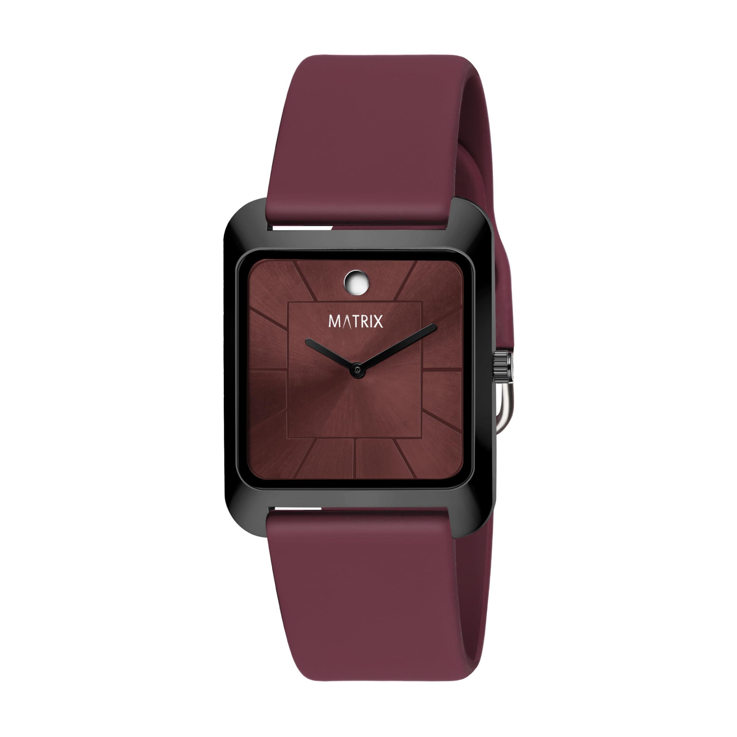 Matrix Minimalist Square Dial with Two Hands Design & Softest Silicone Strap Analog Wrist Watch for Men & Boys (Burgundy)