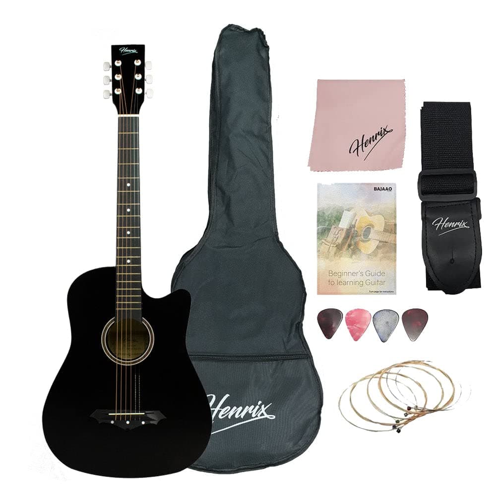 Henrix 38C 38 Inch Cutaway Basswood Acoustic Guitar With Dual Action Truss Rod, Gigbag, Picks, String Set, String Winder, Strap, Polishing Cloth & Ebook - Black