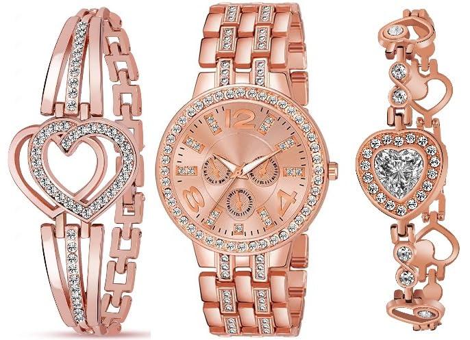 Acnos Rose Gold Radiance Diamond analogue Watch & Heart Diamond Bracelet For Women Watch For Girls Pack Of 3
