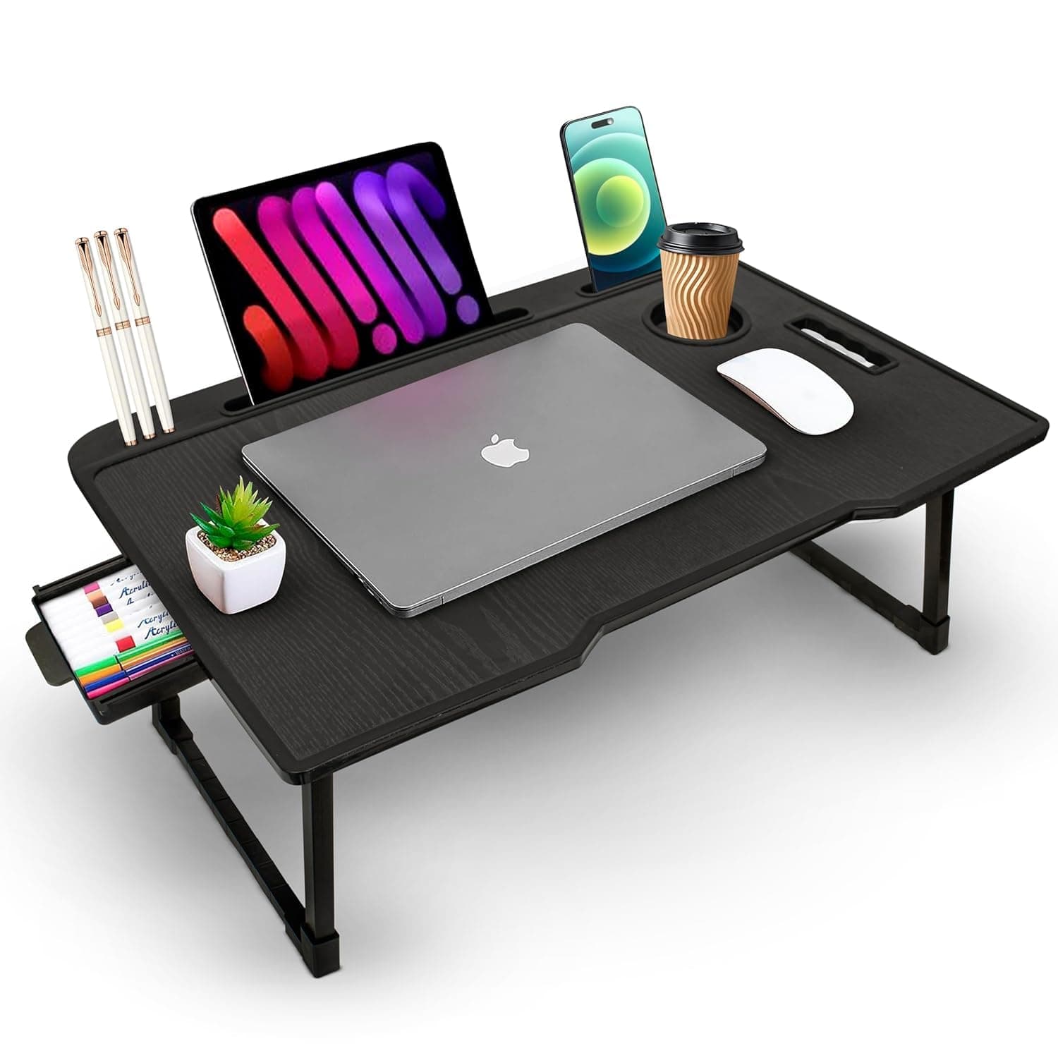 TEKCOOL Wood Smart Multipurpose Foldable Laptop Table with Cup Holder, Study Table, Bed Table, Breakfast Table, Foldable and Portable/Ergonomic & Rounded Edges/Non-Slip Legs (Black), 60 cm