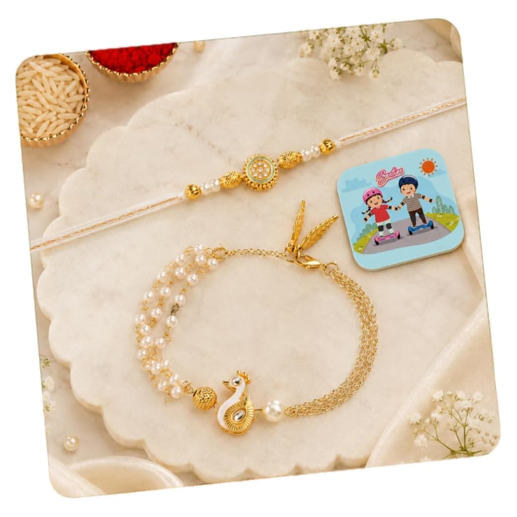 CraftVatika Rakhi Gift for Brother and Bhabhi Set of 2, Bhaiya Bhabhi Rakhi, Designer Peacock Rakhis for Rakshabandhan, Premium Bracelet Lumba for Bhabhi, Fridge Magnet Gift, Rakshabandhan Gift Set